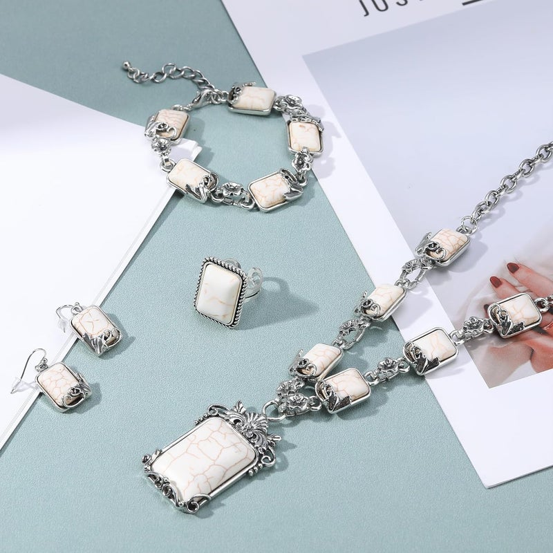 JMScape 4 PCS Western Turquoise Jewelry for Women Boho Vintage Navajo Pearl Necklace Earring Bracelet Ring Set Country Cowgirl Accessories for Gift - Image 3